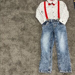 Cat & Jack Heart Print Striped Shirt with Red Bow Tie